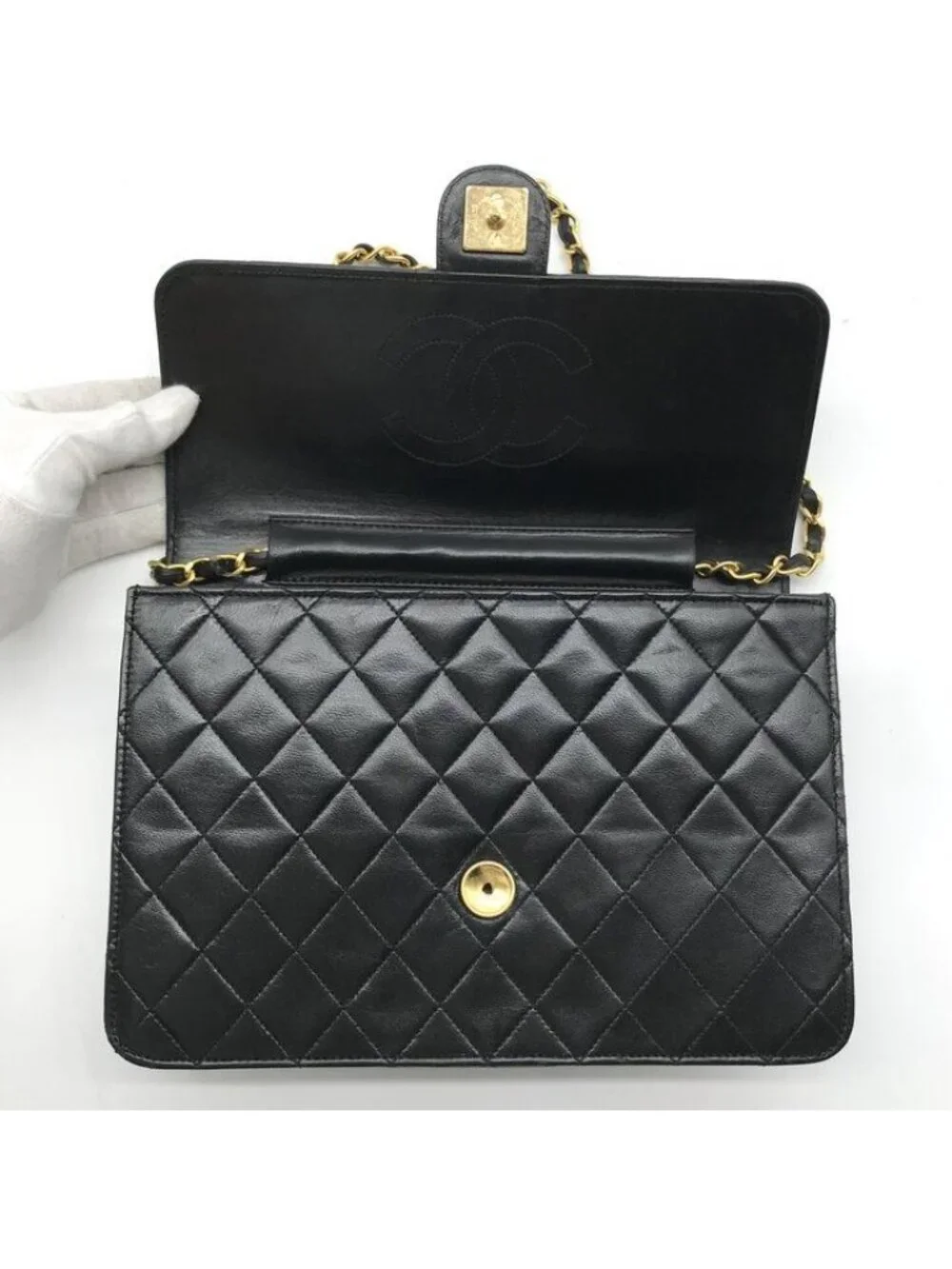 Chanel CC Logo Quilted Push Lock Lambskin Chain Shoulder Bag Black